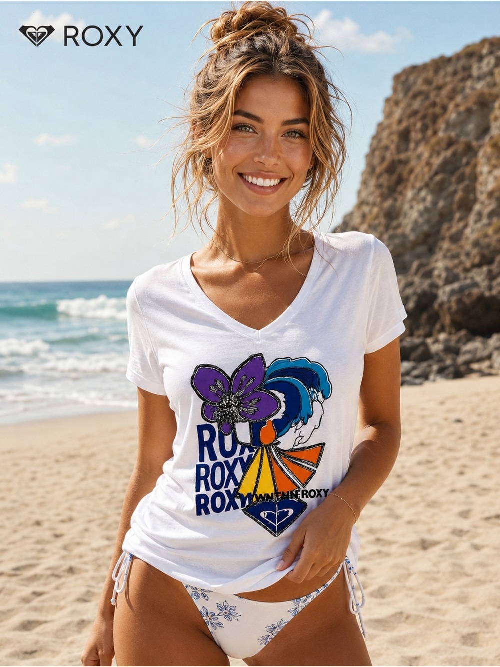 Roxy Surfer Girl Women's Deep V-Neck White Graphic Tee and Swim Coverup, Size M